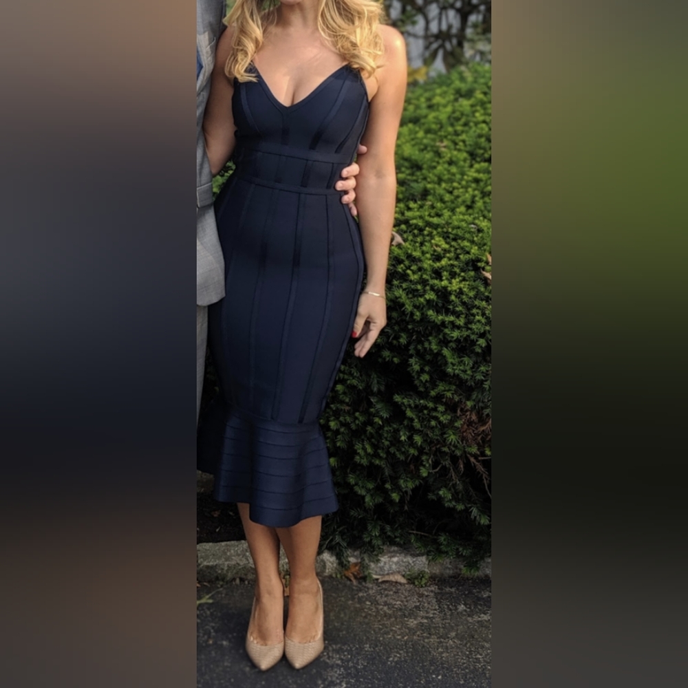 Navy form fitting mermaid midi